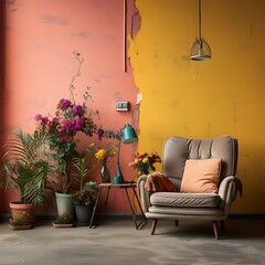interior of modern living room with armchairs and potted plants