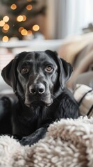 Family sitting with a calm black dog in a cozy living room, promoting petfriendly home environments