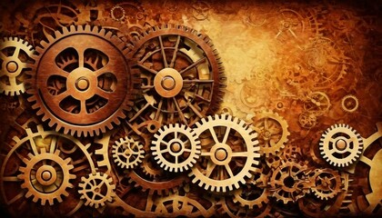 Abstract steampunk-inspired background with industrial machinery and gears.