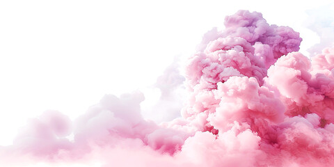 Pink fluffy clouds, sun shining and rainbow illustration. Panorama of beautiful sky