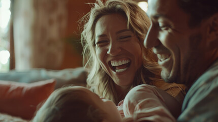 Obraz premium Portrait of a latin american family with parents and their young toddler kid at happy home