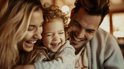 Portrait of a latin american family with parents and their young toddler kid at happy home