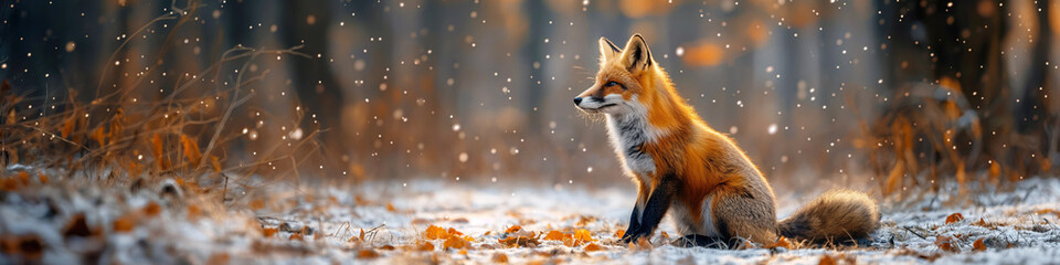 red fox in autumn in a field with snow on background of forest. - Powered by Adobe