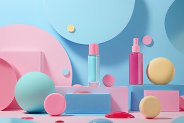 A blue and pink wall adorned with an assortment of items for display. Generative AI