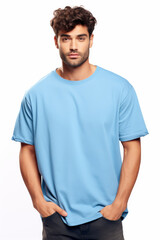 Fototapeta premium Latin american latino man wearing plain pure light blue blank oversized crew neck loose t-shirt isolated on white background