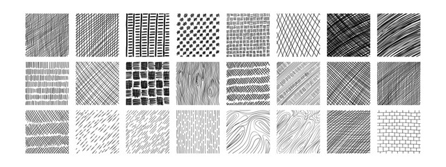 Line texture set with different hand drawn patterns. Crosshatch, wood, rain, stippling texture.