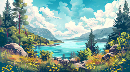Beautiful outdoor nature scenery with mountains, river in summer. Spring illustration.