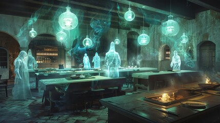 Bring to life a spine-tingling restaurant with ghostly apparitions of chefs cooking haunted dishes in a spectral kitchen, illuminated by glowing orbs of otherworldly light