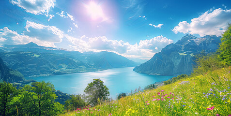 Beautiful panoramic view around mountain  in spring day. Rest at nature