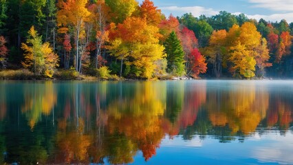 A Beautiful Painting of Nature's Tranquil Lake, Nature's Beauty Green Banks and Reflected Trees in a Crystal-Clear Lake, Serene Landscape Trees Reflected on the Crystal Waters of a Beautiful Lake,