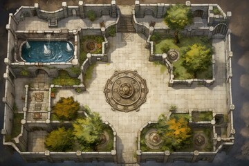 DnD Battlemap castle, courtyard, battle, diverse, characters, epic