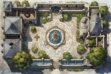 DnD Battlemap castle, courtyard, garden, vast, sprawling, architecture