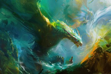 Capture mythical creatures in diverse situations with an eye-level angle, blending impressionistic strokes for a surreal yet vivid portrayal