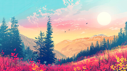 Beautiful outdoor nature scenery with mountains . Summer landscape illustration.
