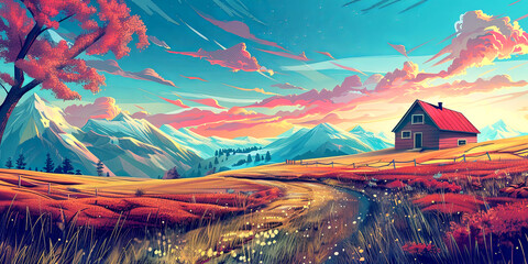 Beautiful outdoor nature scenery with mountains in summer. Spring landscape illustration.
