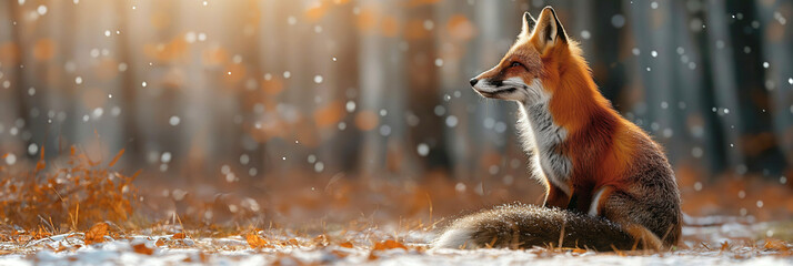wild red fox in winter on snowy forest. Panoramic wildlife landscape