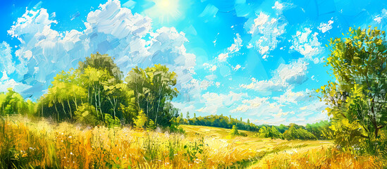 Beautiful nature scenery with mountains in summer. Painting landscape illustration.