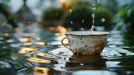 Overflowing Teacup Creates Miniature Flood Scene in Lush Garden Setting - obrazy, fototapety, plakaty