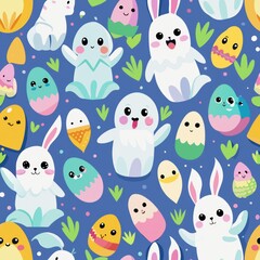 Seamless pattern of adorable ghost bunnies with Easter eggs, Generative AI