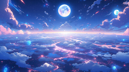 Fantasy sky, moon, beautiful starry sky illustrations, human moon day natural scene wallpaper illustrations
