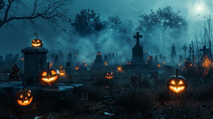 Creepy graveyard at night with fog and faintly glowing jackolanterns, setting the mood for haunted attractions