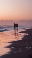 Couple strolling along a deserted ocean shore, peaceful and romantic with soft pastel sunset colors