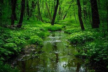 Fototapeta na wymiar A babbling brook surrounded by spring?? greenery