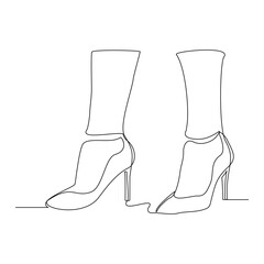 Continuous single line drawing of woman foot wearing high heel high hills shoes. One line art of sport shoes vector illustration