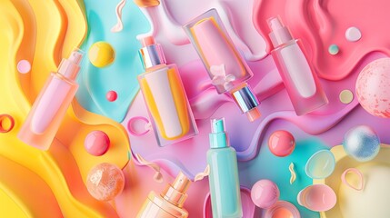 Various types of cosmetics are displayed on a vibrant, colorful surface. Generative AI