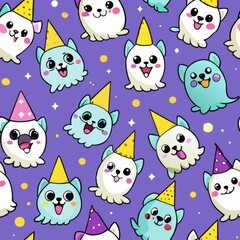 Seamless pattern of cheerful ghost puppies with party hats, Generative AI