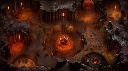 DnD Battlemap mystery, underground, fiery, scene, cavern, image