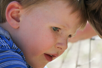 Thoughtful boy with freckles in a candid outdoor moment