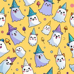 Seamless pattern of cheerful ghost puppies with party hats, Generative AI