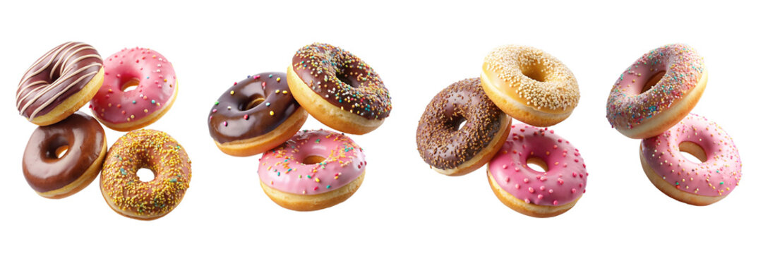 Collection of round donut doughnut, pink set, flying falling with sprinkles on transparent background cutout, PNG file. Many assorted different. Mockup template for artwork
