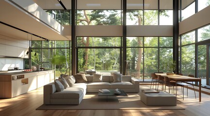 modern living room with light wood floors and white walls Ai generative