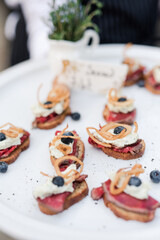 Exquisite beef and blueberry canapés with crispy onion