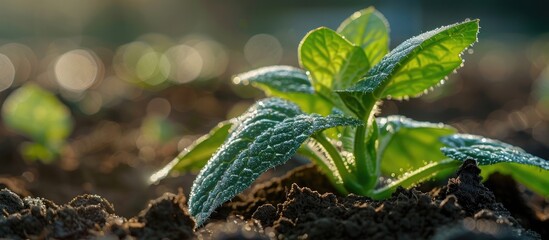 The initial sprouting leaves of a young cucumber plant are seen up close as they emerge from the soil in a garden bed, glistening with morning dew, set against the backdrop of the earth.