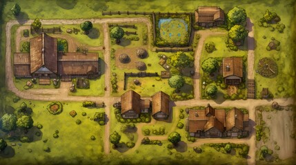DnD Battlemap Farm landscape with elemental towers, mystical atmosphere.