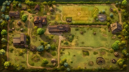 DnD Battlemap Farm of the Elemental. Mystical and serene farm landscape.