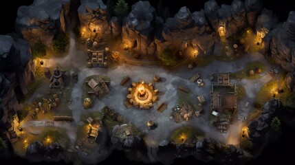 DnD Battlemap Fire Camp in Cave Deep - A campfire burning brightly in a dark cave.