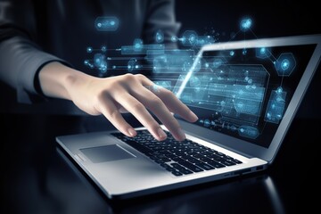 a person is using a laptop with a hand on the keyboard.