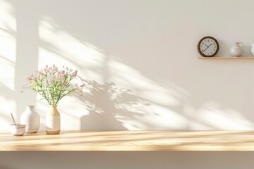 Minimal cozy counter mockup design for product presentation background or branding in Japan style with bright wood counter and warm white wall include vase plant and clock - generative ai