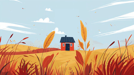 Cozy countryside home amidst autumn fields