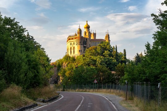Rocchetta Mattei colorful fortress view from the road in Italy