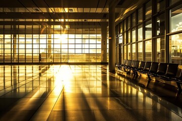 Discover the surreal beauty of an empty airport terminal at sunrise, where shafts of golden light filter through the windows and cast long shadows, Generative AI