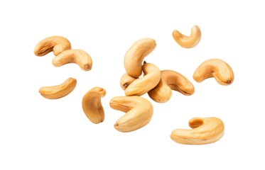 Scattered cashew nuts float on a transparent background. Generative AI