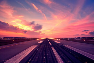 Obraz premium Discover the tranquil beauty of an empty airport runway at twilight, where the last rays of sunlight paint the sky in shades of pink and gold, Generative AI