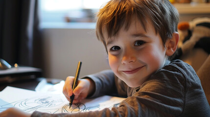 child drawing with pencils smile on face enjoy the work