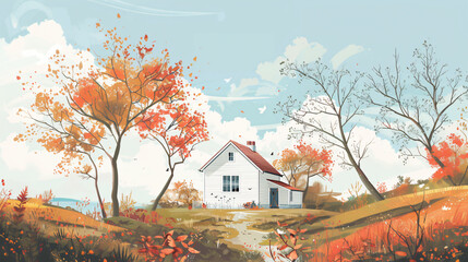 Autumnal rural landscape with cozy cottage