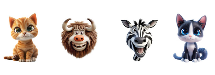 Funny Animals cartoon set with a smiling face on transparent background cutout, PNG file.